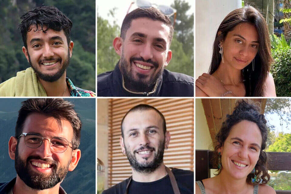 ששת החטופים שנרצחו (מימין למעלה): עדן ירושלמי, אורי דנינו, הרש גודלברג-פולין, כרמל גת, אלכסנדר לובנוב ואלמוג סרוסי ז"ל , אי.פי