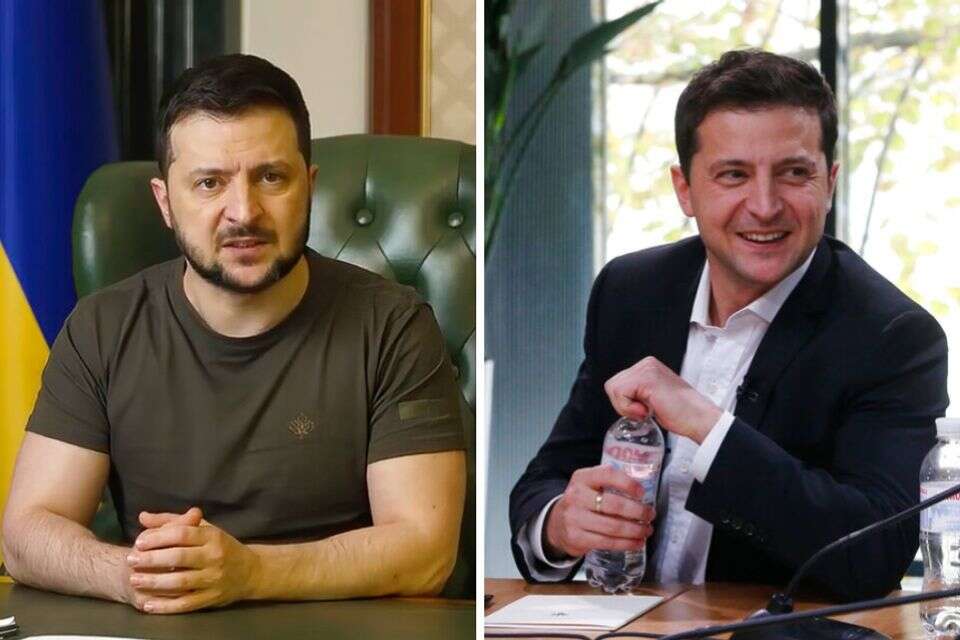 זלנסקי בחליפה לפני המלחמה, ובלבוש הצבאי סמוך לתחילתה , AP