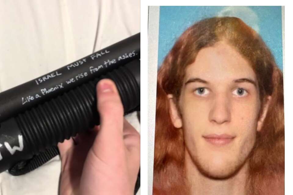 תמונת הרוצח, כיתוב "ישראל חייבת ליפול" על חלק מכלי הנשק שהציג , .