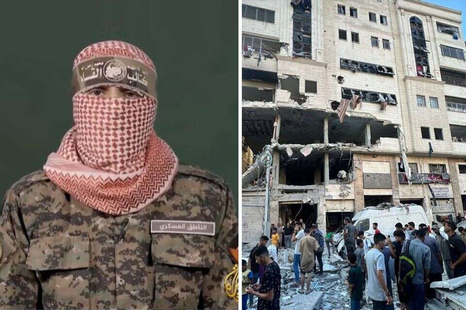 מימין: ההריסות לאחר התקיפה בשכונת רימאל בעזה, משמאל: אבו עוביידה , רשתות ערביות