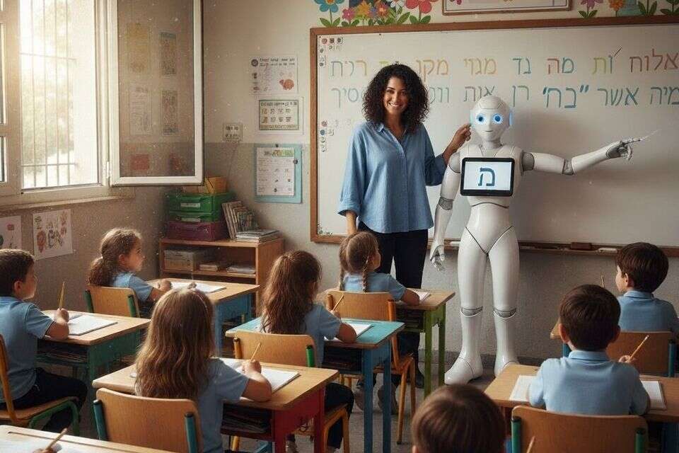 מורה ובוט AI בכיתת לימוד (אילוסטרציה) , נוצר על ידי בינה מלאכותית - גוגל AI סטודיו