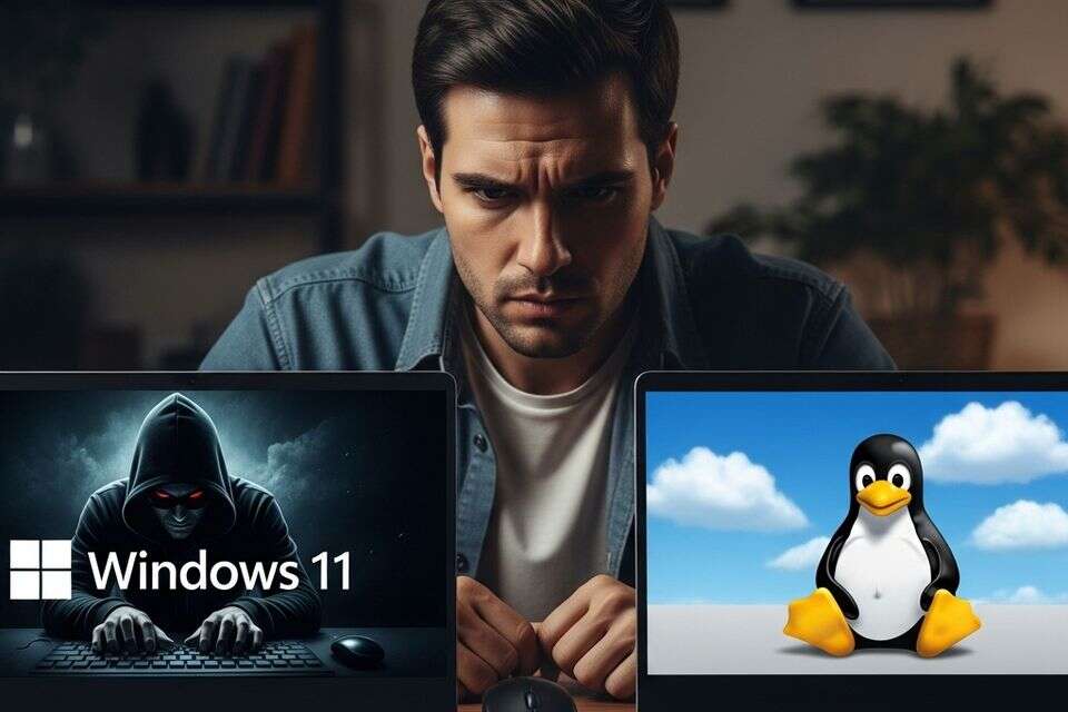 גבר מתלבט בין לפטופ עם Windows 11 ללפטופ עם Linux , נוצר באמצעות Imagen 4