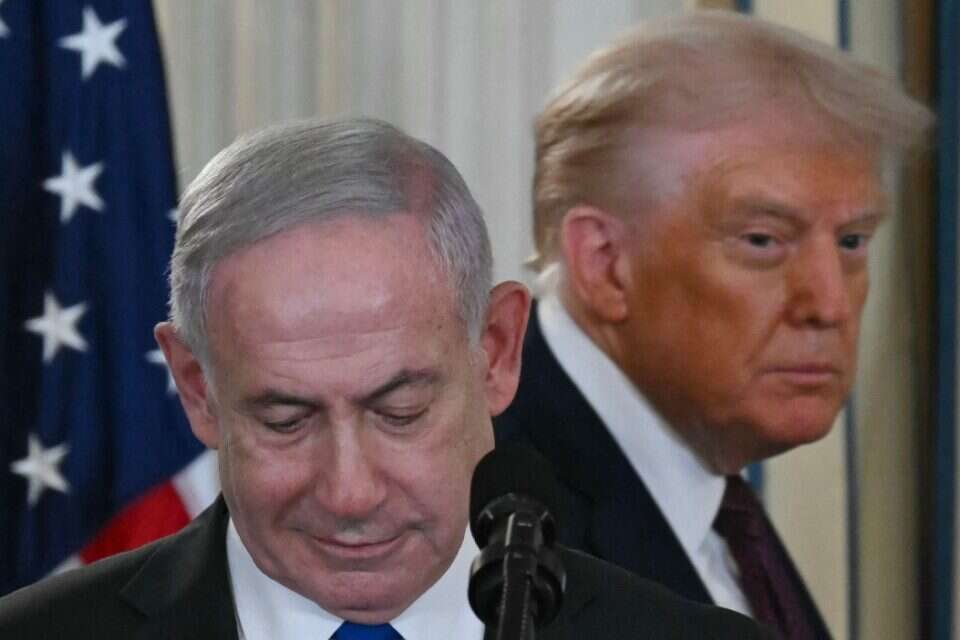 נתניהו וטראמפ במסיבת העיתונאים. , אי.אף.פי