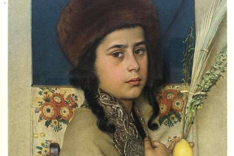 ילד יהודי בסוכה. ציור מ־1920.מאת איזידור קאופמן, צייר יהודי־הונגרי מהמאה ה־19 , .