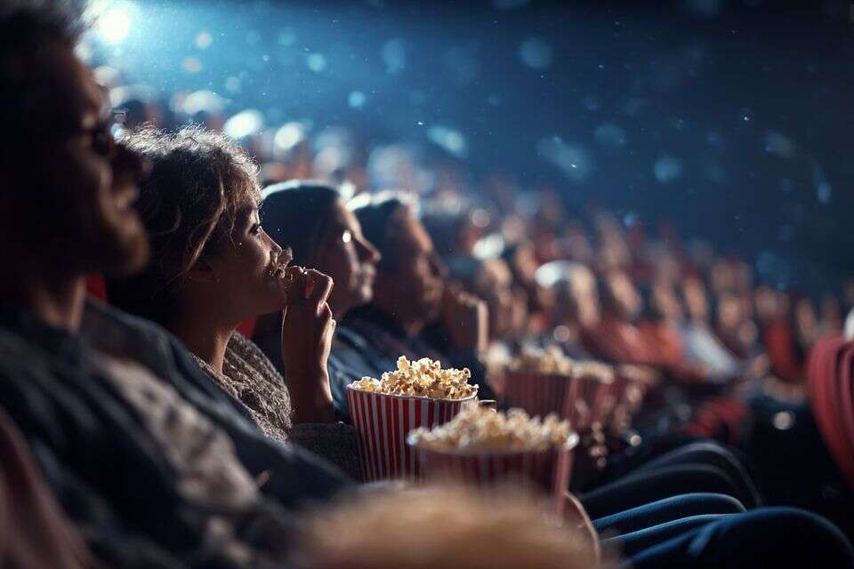 אנשים יושבים בבית קולנוע, אוכלים פופקורן וצופים בסרט , נוצר באמצעות Midjourney