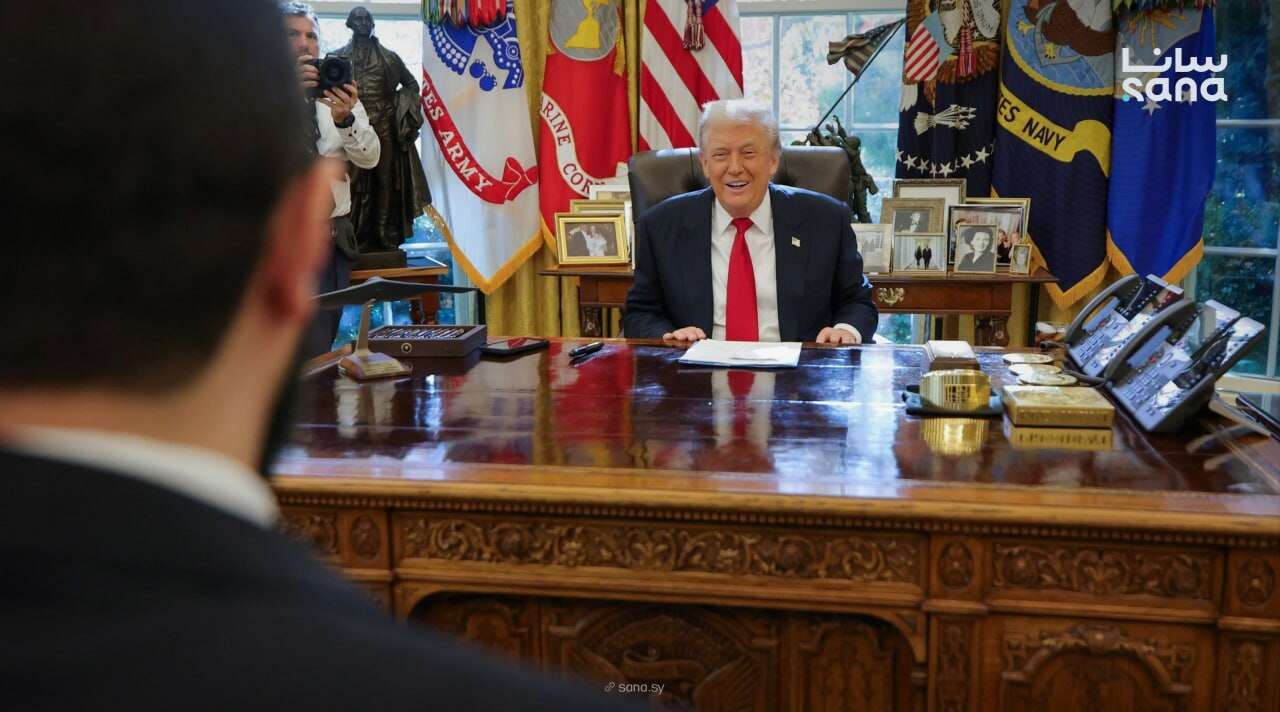 טראמפ מחויך בפגישה עם א-שרע , לשכת הנשיאות הסורית