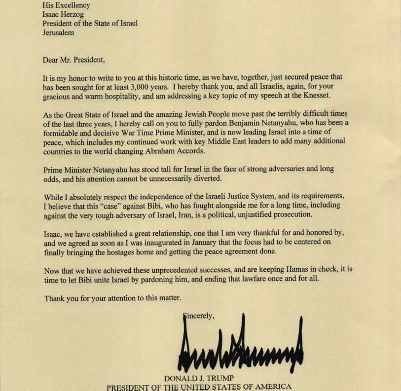 האיגרת ששלח טראמפ להרצוג , .