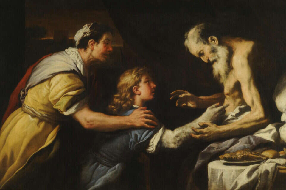 "וְלֹא הִכִּירוֹ כִּי הָיוּ יָדָיו כִּידֵי עֵשָׂו אחִיו שְׂעִרֹת וַיְבָרְכֵהוּ". רבקה מציגה את יעקב (המחופש לעשיו) בפני יצחק העיוור , לוקה ג'ורדנו (Giordano). איטליה, אמצע המאה ה־17