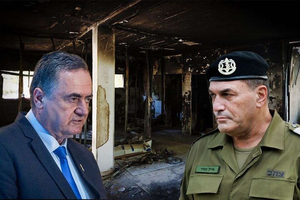 ישראל כ"ץ ואייל זמיר על רקע הריסות כפר עזה , משה שי, אורן בן חקון,לירון מולדובן