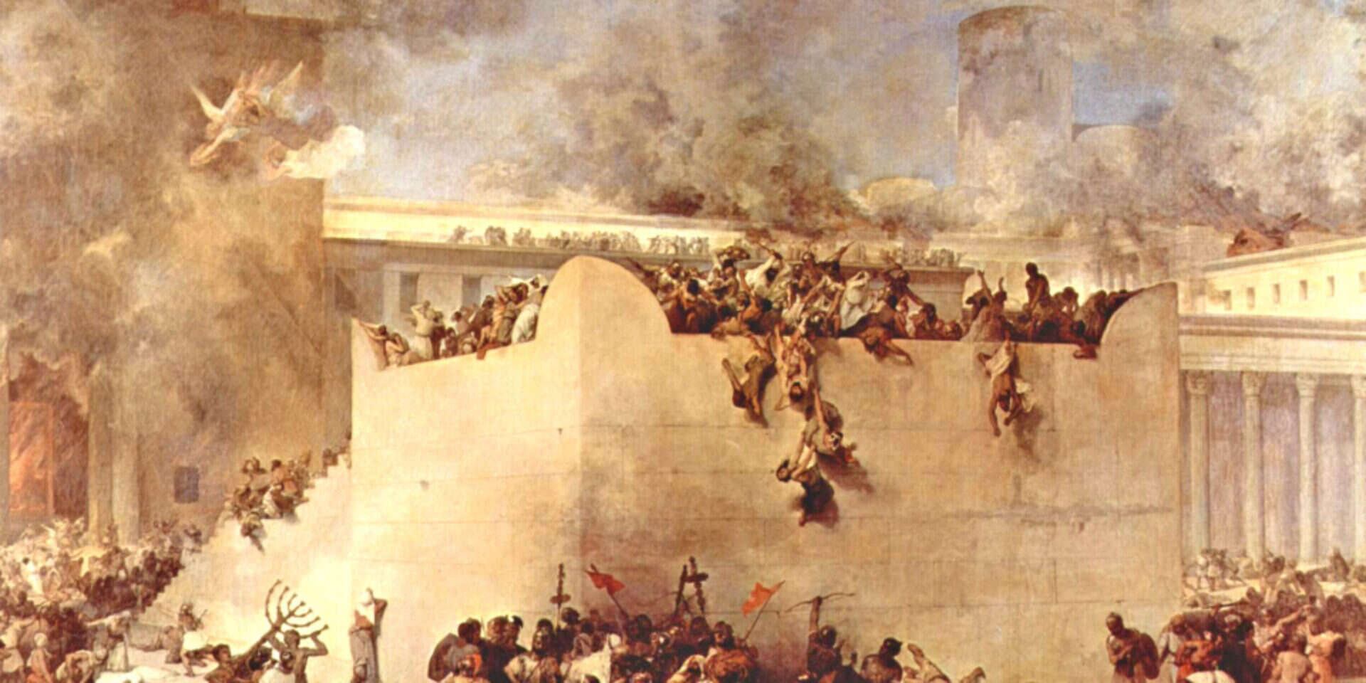 "החרבת בית המקדש בירושלים", המתאר את החורבן והבזיזה של בית המקדש השני בידי חיילים רומאים. שמן על קנבס, 1867 , פרנצ'סקו אייץ