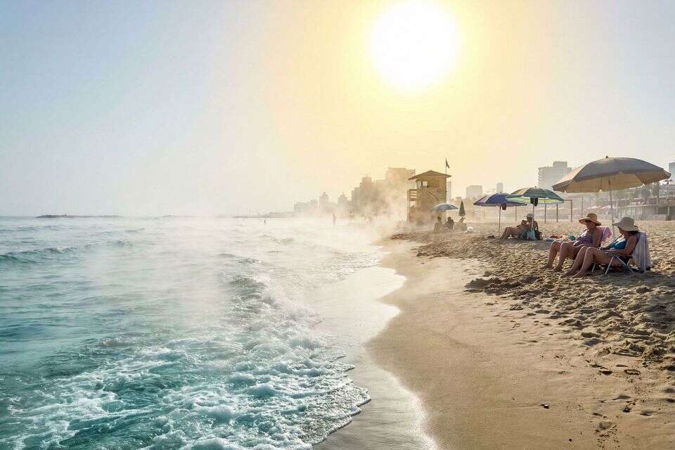 חוף ים ישראלי עם מים רותחים שמעלים אדים , נוצר באמצעות Nano Banana Bro