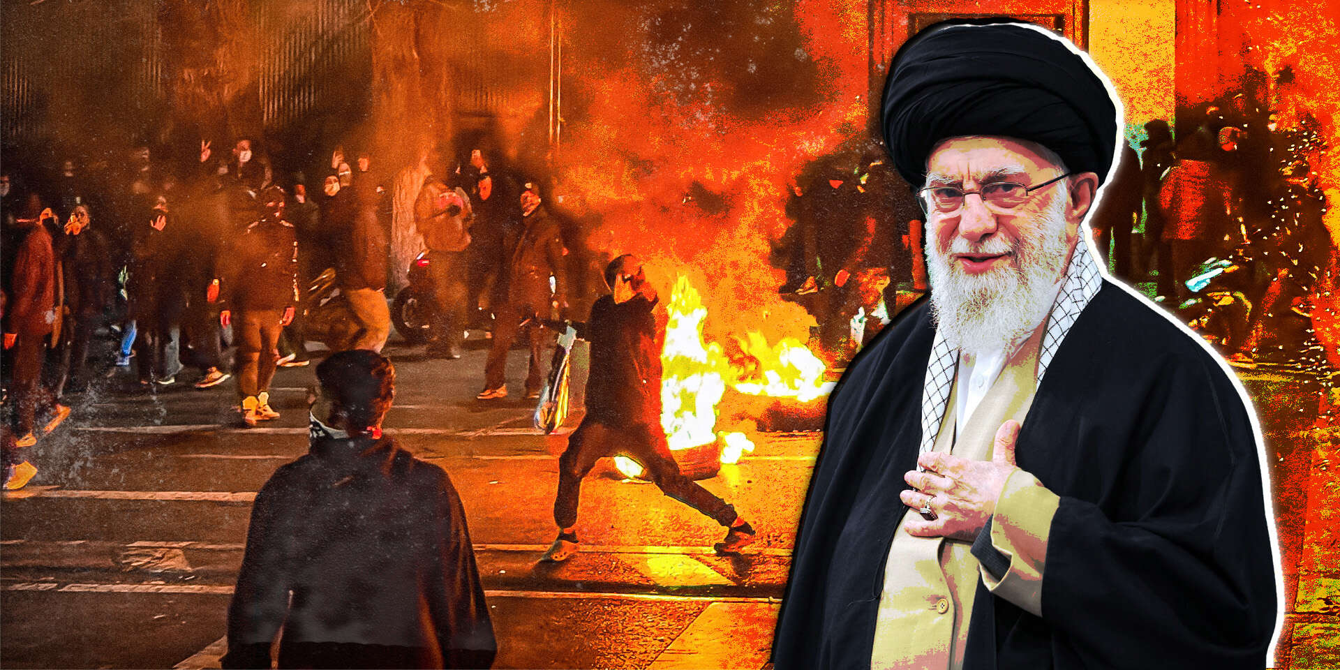 שינוי משטר לא בהכרח יביא לשינוי מדיניות. מנהיג איראן עלי חמינאי, ברקע: המחאה נגד המשטר , אי.אף.פי