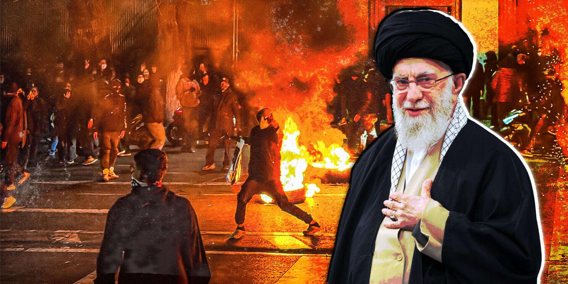 מנהיג איראן עלי חמינאי, ברקע: המחאה נגד המשטר , אי.אף.פי