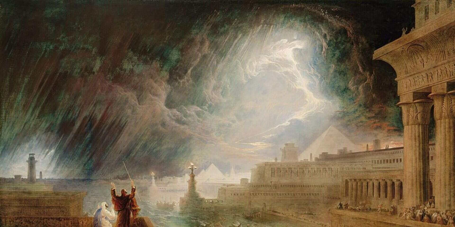 "וַיְהִי בָרָד וְאֵשׁ מִתְלַקַּחַת בְּתוֹךְ הַבָּרָד כָּבֵד מְאֹד". "המכה השביעית" מאת ג'ון מרטין (Martin), אנגליה 1823, בשיא תקופת הרומנטיקה. משה ואהרן נראים קטנים מול האימפריה המצרית, אך מצליחים לכוון את הטבע נגדה , מתוך ויקיפדיה