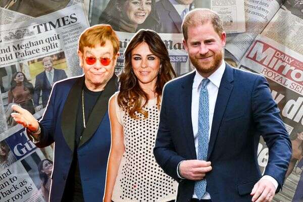 הנסיך הארי, ליז הרלי ואלטון ג'ון על רקע הדיילי מייל ובית המשפט , Getty Images, AFP