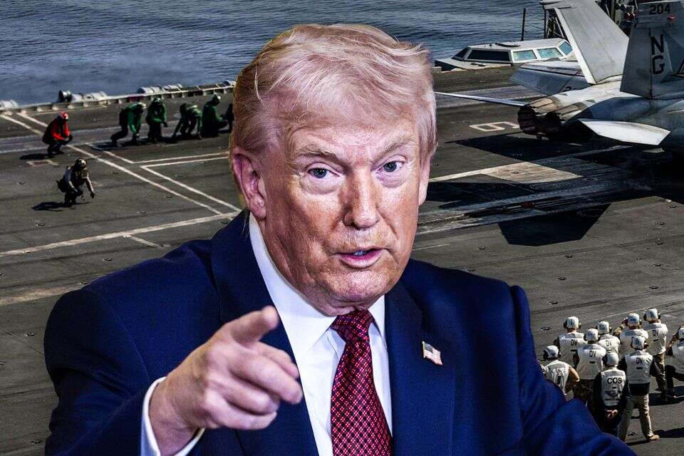 דונלד טראמפ על רקע נושאת המטוסים לינקולן. צילום: .