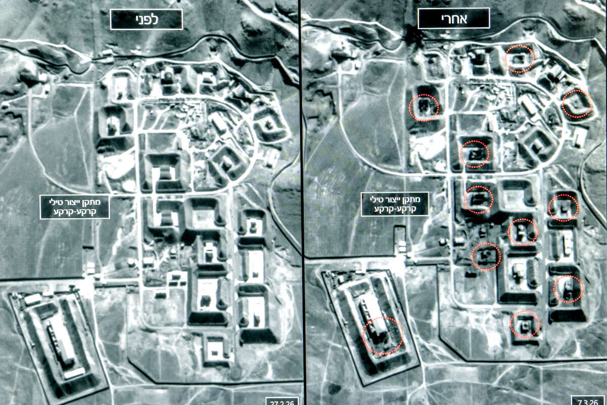 משמאל: תצלום אוויר של משגרים, מימין: תצלום אוויר לאחר השמדת המשגרים , דו"צ