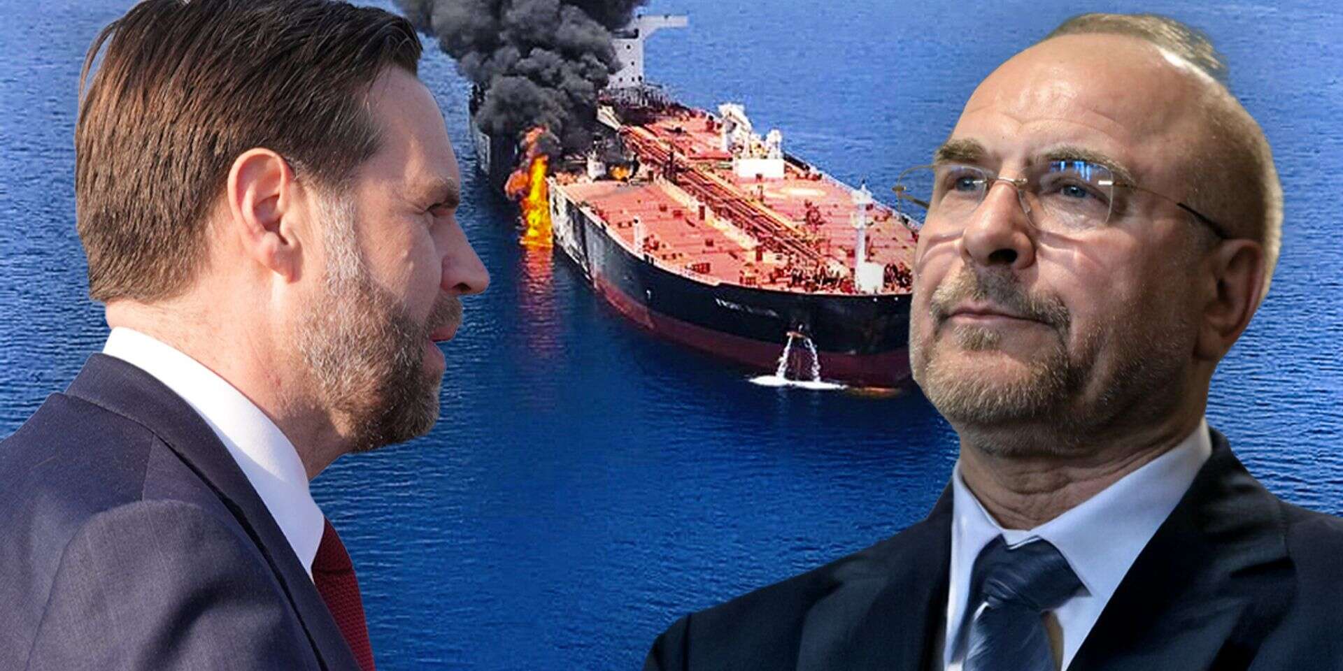ואנס וקאליבאף על רקע מיכלית בוערת במצר הורמוז , AFP, Getty Images