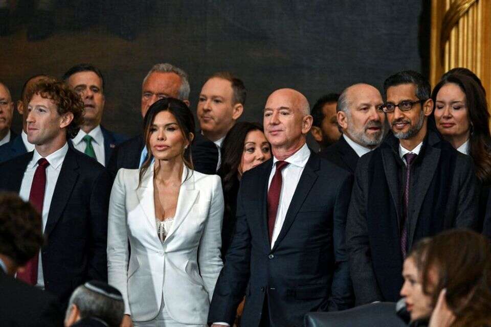 מארק צוקרברג, לורן סנצ'ס, ג'ף בזוס וסונדר פיצ'אי לפני טקס ההשבעה ה-60 בוושינגטון הבירה, 20 בינואר 2025 , AP