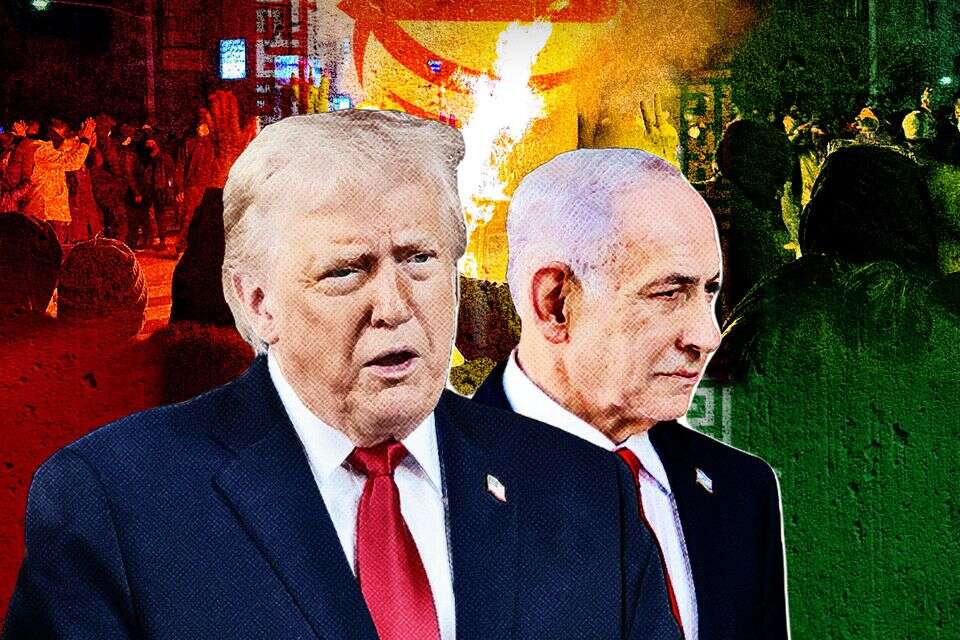 מי דחף לתקיפה? נתניהו וטראמפ, ברקע: המחאה באיראן , .