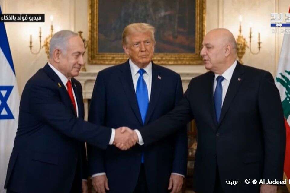 תמונת ה-AI שהופצה עם הסקר: נתניהו ונשיא לבנון לוחצים ידיים , אל ג'דיד