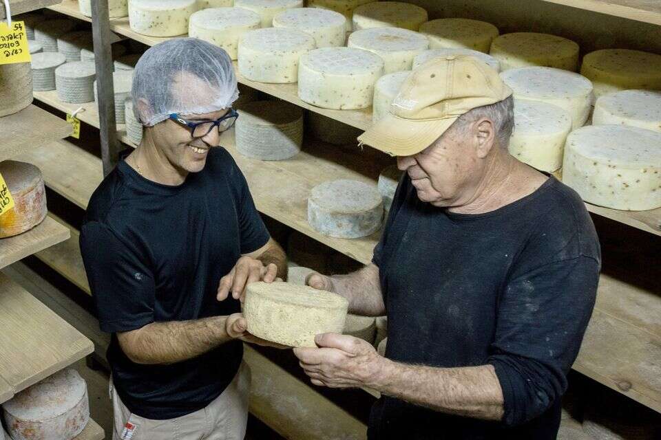 אבינועם ברקין (מימין) עם בנו צור במפעל הגבינות המשפחתי. בילדותו לא חלם על מחלבה , אריק סולטן