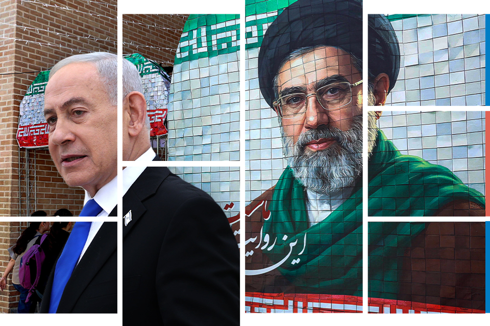בסוף עידן האייתוללות לא מחכה שום סאדאת. נתניהו על רקע כרזה של מוג'תבא חמינאי , אי.פי, אי.אף. פי