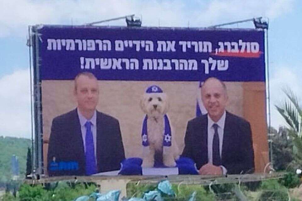 שלט של ארגון "חותם", בו תמונותיהם של סולברג וקריב - לצד דמות של כלב חובש כיפה , 27א'