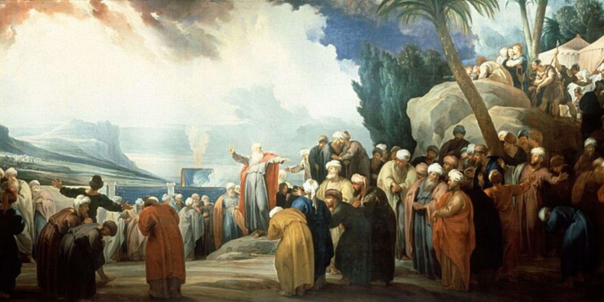 "וַיָּאצֶל מִן הָרוּחַ אֲשֶׁר עָלָיו, וַיִּתֵּן עַל שִׁבְעִים אִישׁ הַזְּקֵנִים... וַיִּתְנַבְּאוּ". "משה בוחר את מועצת שבעים הזקנים" מאת יקוב דה וויט (De Wit). אמסטרדם 1737. ציור פנורמי עצום ממדים (כ-6 מטרים גובה וכ-14 לרוחב!) באולם העירייה, אלגוריה לסמכות ההנהגה הקולקטיבית של פרנסי העיר, שאפילו משה לא שלט לבדו , מתוך ויקיפדיה