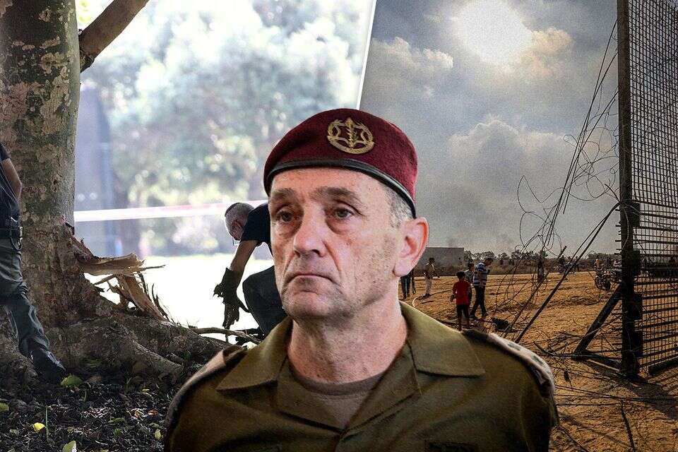 הרמטכ"ל לשעבר הרצי הלוי. ברקע: גדר הגבול עם עזה ב-7 באוקטובר וזירת הפיצוץ בפארק הירקון , רויטרס, גדעון מרקוביץ', חיים גולדברג/פלאש 90