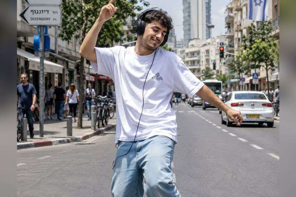 צעיר מאזין למוזיקה ורוקד ברחוב , נוצר באמצעות GPT Image