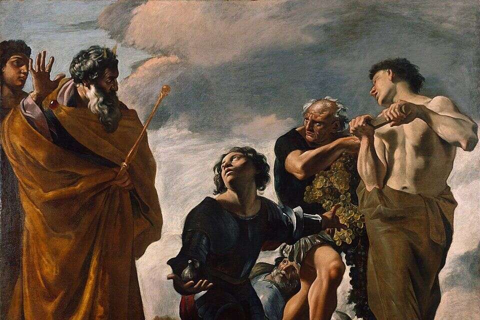 "בָּאנוּ אֶל הָאָרֶץ אֲשֶׁר שְׁלַחְתָּנוּ וְגַם זָבַת חָלָב וּדְבַשׁ הִוא וְזֶה פִּרְיָהּ". ג'ובאני לנפרקו (Lanfranco), "משה והשליחים מכנען", רומא 1621-24. מאבות סגנון הבארוק הגבוה. הציור נועד להיתלות גבוה מאוד, לכן הדמויות צוירו מנקודת מבט נמוכה של הצופה, מה שמעניק לדמויות מראה מונומנטלי, כמעט פיסולי , מתוך ויקיפדיה