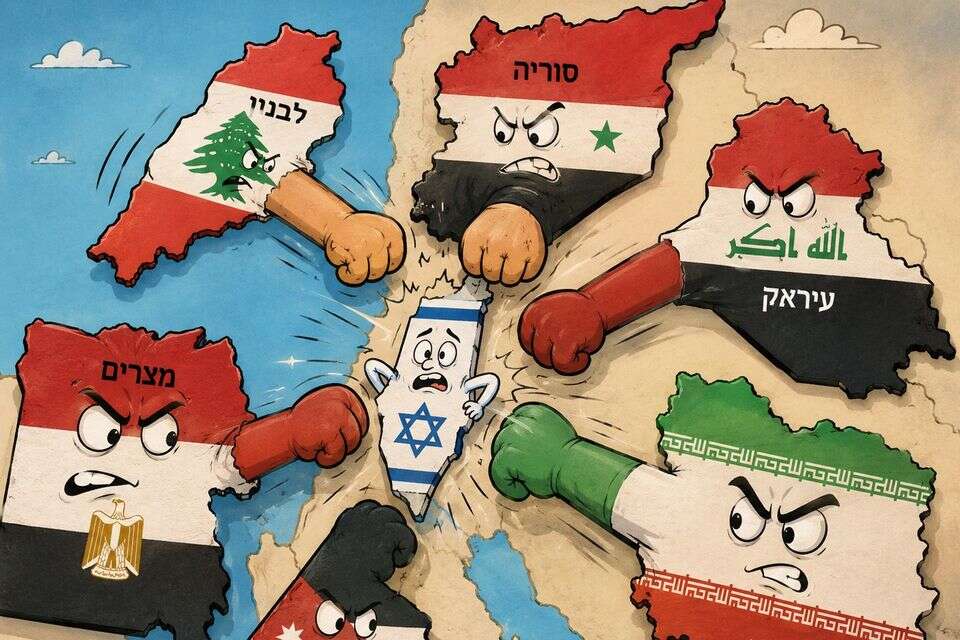 קריקטורה של מדינות במזרח התיכון תוקפות את ישראל , נוצר באמצעות GPT Image