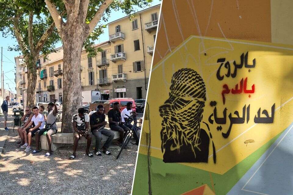 גרפיטי "ברוח, בדם עד החופש", ניסוח מחודש לסיסמת טרור. רובע "באריירה" בטורינו , סהר אברהמי