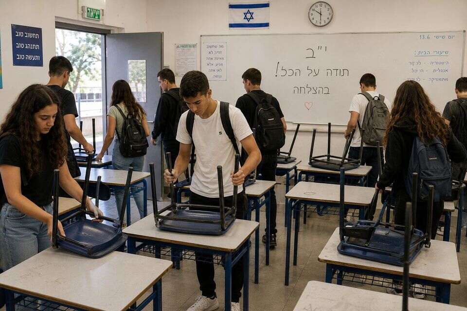 תלמידי כיתה י"ב מרימים את הכיסאות בסוף השנה , נוצר באמצעות GPT Image