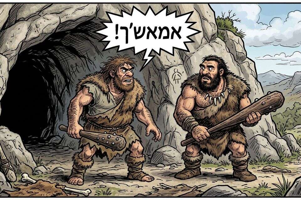 בדיחת "אמאש'ך" בין אנשי מערות , נוצר באמצעות Gemini
