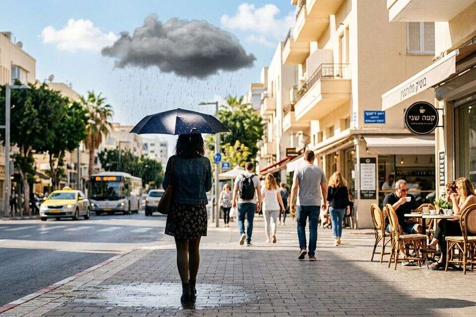 מבול יורד על קרן פלס בזמן ששאר הרחוב שמשי , נוצר באמצעות Gemini