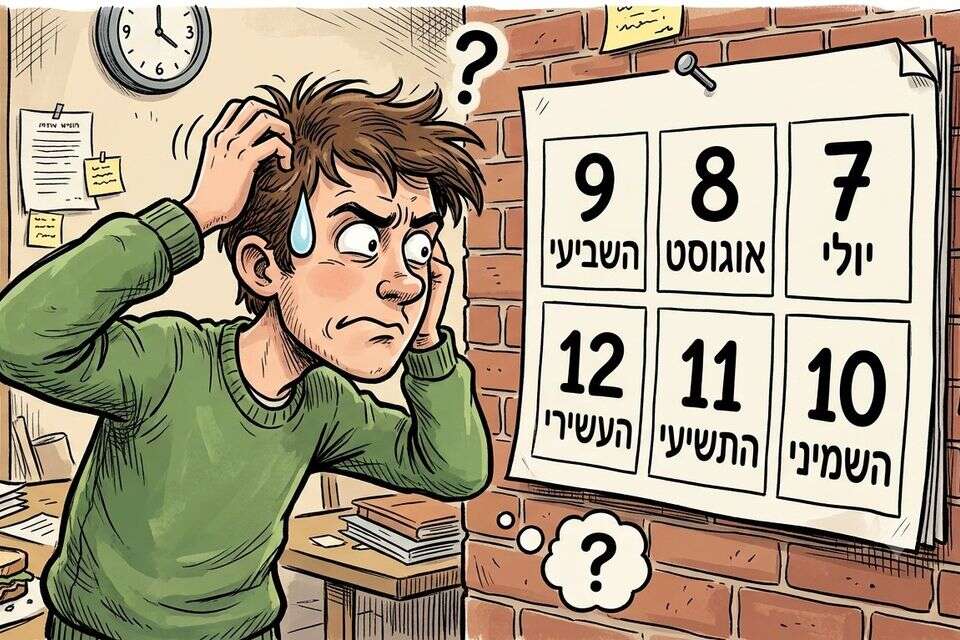 בחור מבולבל מול לוח שנה עם שמות החודשים בתרגום לעברית , נוצר באמצעות Gemini