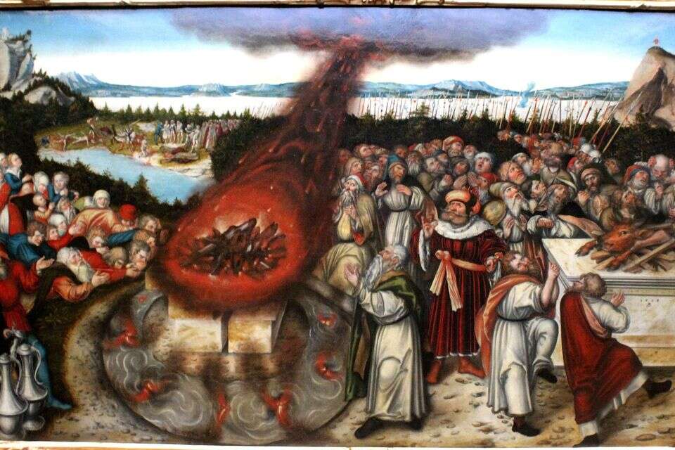 "בָּנִים אַתֶּם לַה' אֱלֹקֵיכֶם, לֹא תִתְגֹּדְדוּ...". "אליהו ונביאי הבעל" מאת לוקאס קראנאך הצעיר (Cranach), ויטנברג (גרמניה) 1545. אליהו ניצב בטוח מול נביאי הבעל המתוסכלים, בעוד אש אלוהית יורדת משמים. קראנאך, מאומני הרנסנס הצפוני, הכניס מטען תיאולוגי בן זמנו לסיפור המקראי, ותיאר באמצעותו את העימות בין הפרוטסטנטים לכנסייה הקתולית המתוארת כנציגת עובדי הבעל , מתוך ויקיפדיה