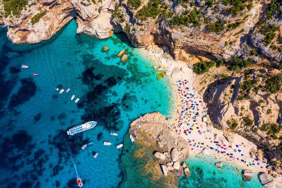 Cala Mariolu view from above. Cala Mariolu famous beach. Italy Sardinia Nuoro province National Park of the Bay of Orosei and Gennargentu Cala Mariolu listed as World Heritage. Sardinia, Italy. , gettyimages
