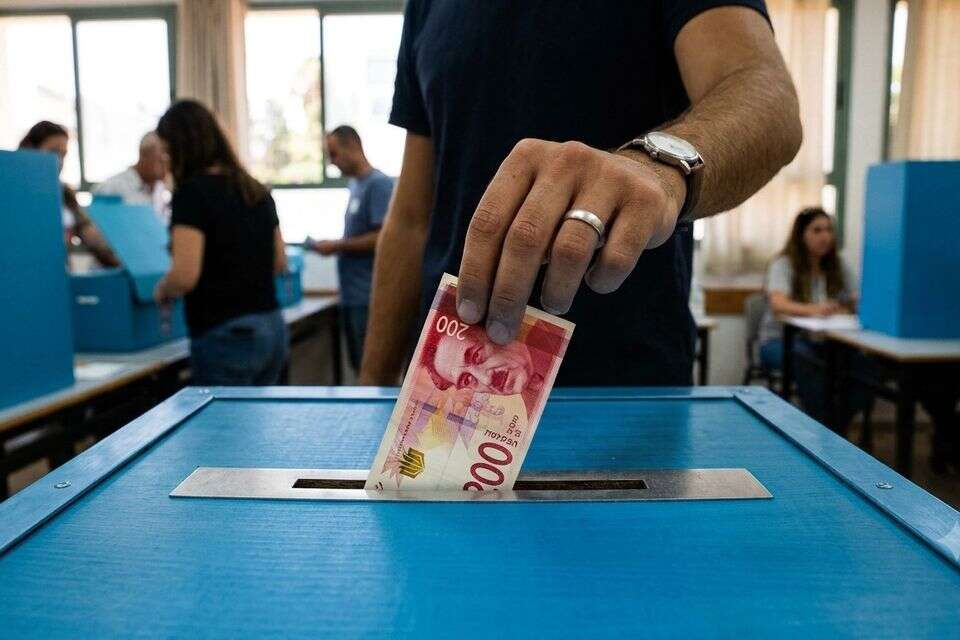 שטר של 200 שקל משולשל אל תוך קלפי בבחירות , נוצר באמצעות Gemini