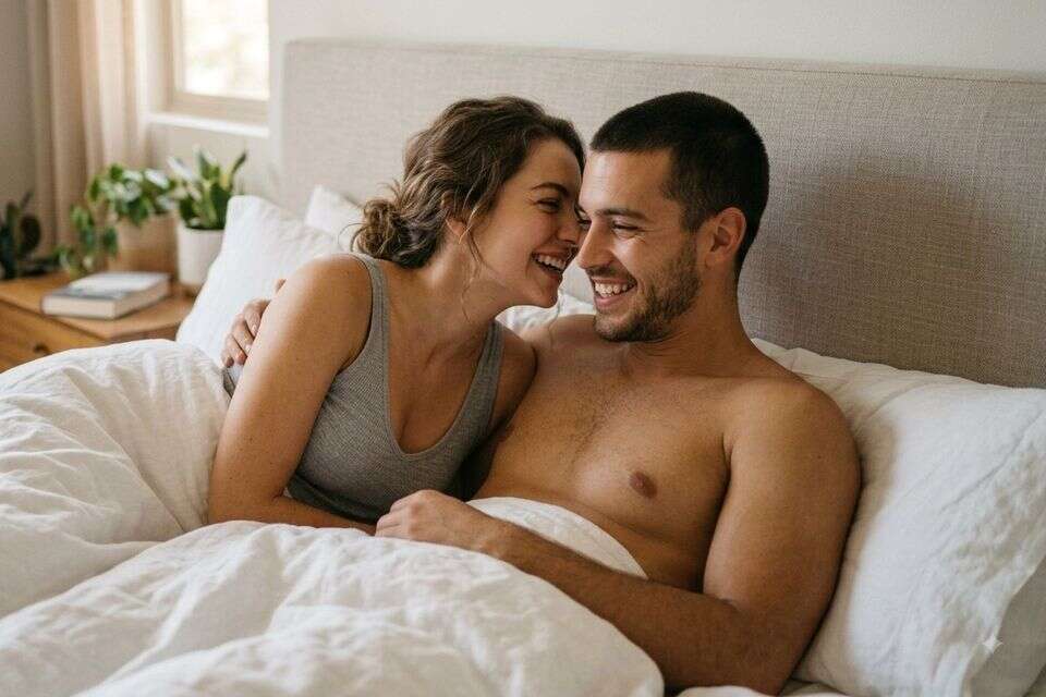 בחור ובחורה מרכלים במיטה ונראים מאושרים , נוצר באמצעות Gemini