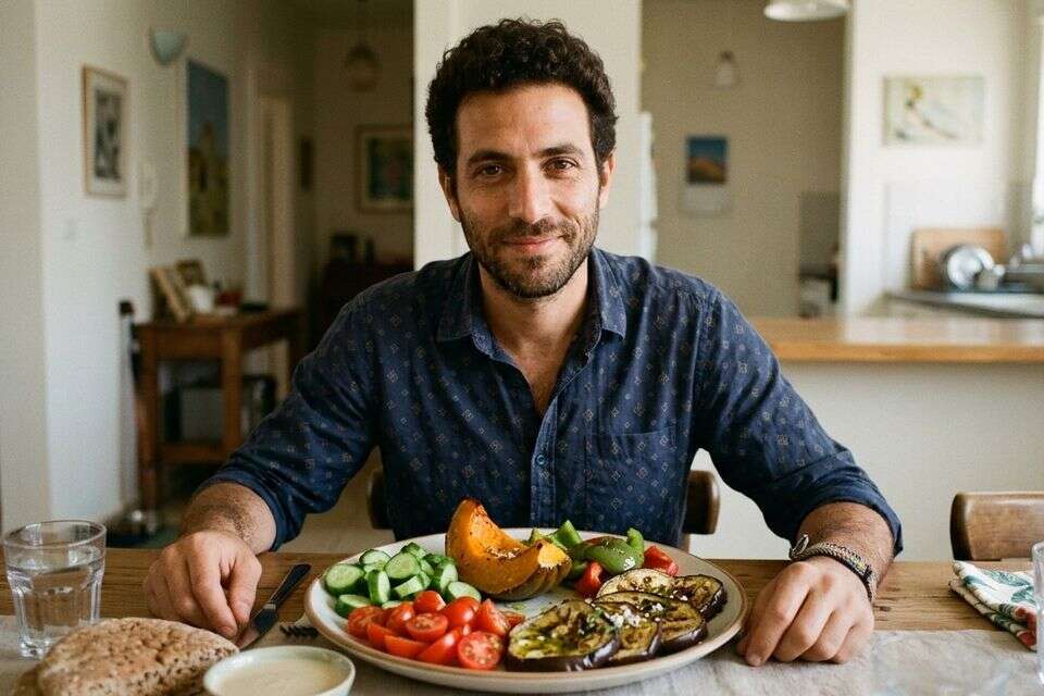 צלחת עם פירות שנחשבים לירקות: עגבנייה, מלפפון, חציל, דלעת ופלפלים , נוצר באמצעות ג'מיני