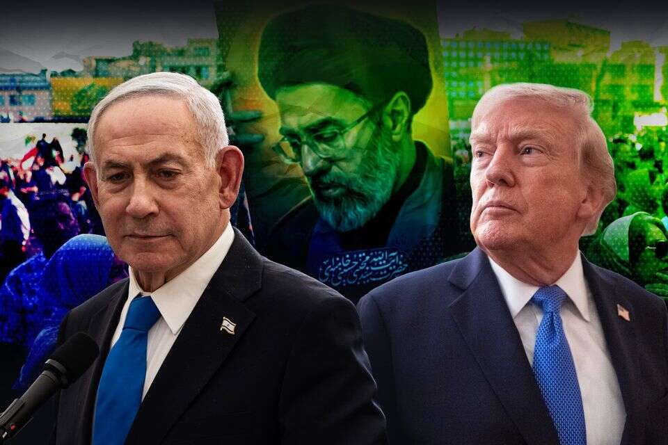 טראמפ ונתניהו על רקע כרזת חמינאי הבן , אורן בן חקון, אי.פי.איי