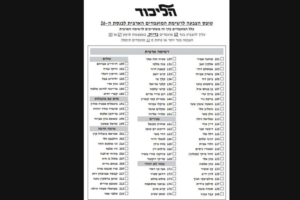 טופס ההצבעה הרשמי- הרשימה הארצית , אתר הליכוד