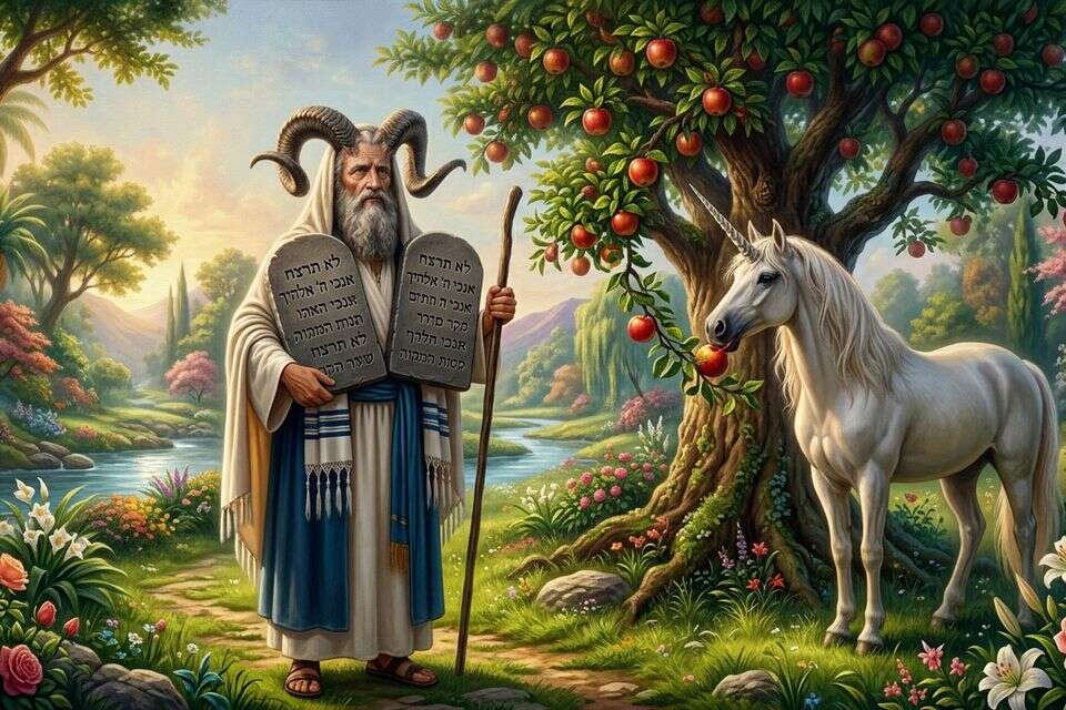 חד קרן אוכל תפוח בגן עדן ליד משה עם קרניים , נוצר באמצעות ג'מיני