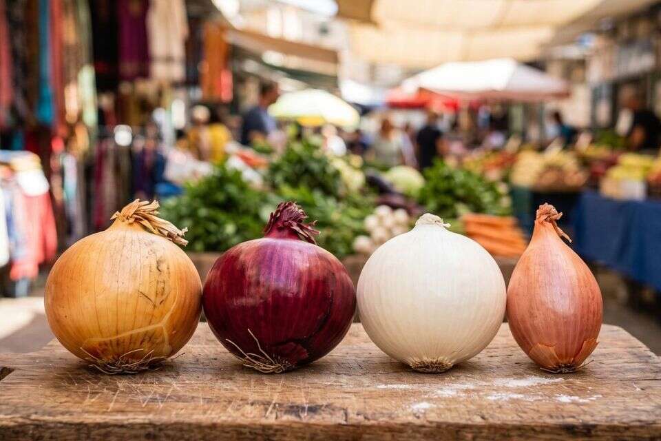 4 סוגי הבצלים המובילים בישראל (מימין לשמאל): שאלוט, לבן, אדום וצהוב , ג'מיני