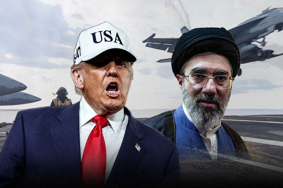 טראמפ ומוג'תבא חמינאי על רקע מטוס קרב אמריקני , רויטרס, פיקוד המרכז האמריקני