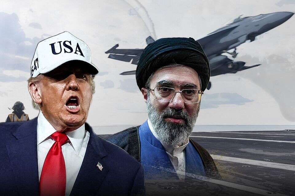 טראמפ ומוג'תבא חמינאי על רקע מטוס קרב אמריקני , רויטרס, פיקוד המרכז האמריקני