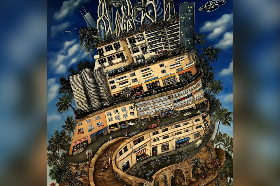 "וּלְבָרֵךְ אֵת כׇּל מַעֲשֵׂה יָדֶךָ" – נס הכלכלה הישראלית. "ישראל: מגדל הזמן" מאת לדה לפידוס (Lada Lapidus), ישראל 2025. שכבות הזמן של הארץ מסודרות במעין מגדל המתחיל מחומות עתיקות, ממשיך לשנות קום המדינה, ואז לשיכונים בעשורים שונים עד לגורדי השחקים. ביניהם דמויות ישראליות מגוונות. בפסגה נמצאת ישראל העתידית. אם נתאמץ, נבחין בדמויות המעבירות ספרי תורה מדור לדור , ללא